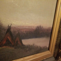 Antique Native American Painting Teepee Hudson River School