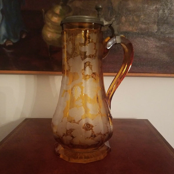 Antique Tankard Bohemian glass Moser Amber Cut Wheel Carved