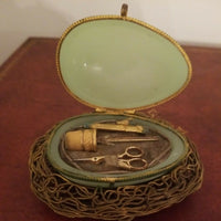 Museum Antique French Opaline Egg Jewel Box Jade