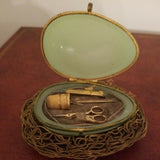 Museum Antique French Opaline Egg Jewel Box Jade