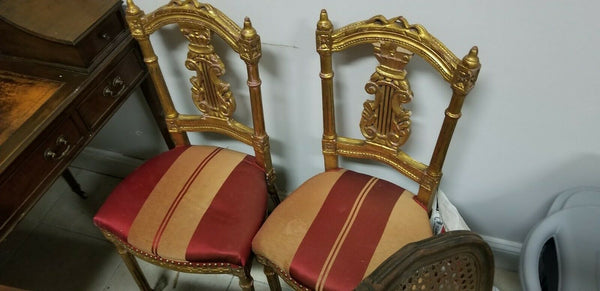 Pair of Red & Beige Gilded Chairs, PLEASE NOTE: SHAKY LEGS - Diamonds Sapphires Rubies Emeralds