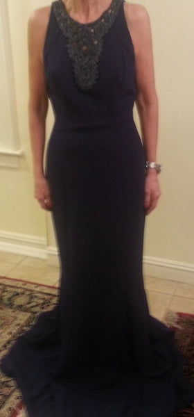 Gorgeous Navy Sleeveless Beaded Carmen Marc Valvo Evening Gown Size 4 - Diamonds Sapphires Rubies Emeralds