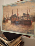 Antique Painting Signed Ships Harbor Impressionist