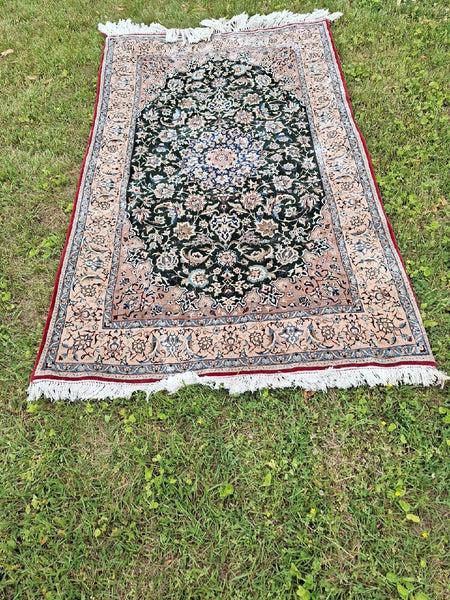 1970's Jade Green Silk And Wool Hand Knotted Rug