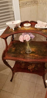 Antique 3 Tier Wooden End Table with Hand Painted Artwork - Diamonds Sapphires Rubies Emeralds